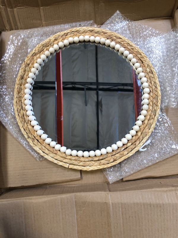 Photo 2 of  15 Inch Boho Round Hanging Wall Mirror Decorative Rattan Circle Wall Mounted Mirror for Farmhouse, Living Room, Bedroom, Bathroom
