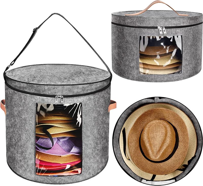 Photo 1 of 2 Pack Hat Box for Women & Men -CAPHONT Large Storage Boxes Foldable Felt Round Travel Hat Organizer Large Size (19" D x 17" H) & Small Size (17" D x 10" H) with Dustproof Lid for Various Types of Hats
