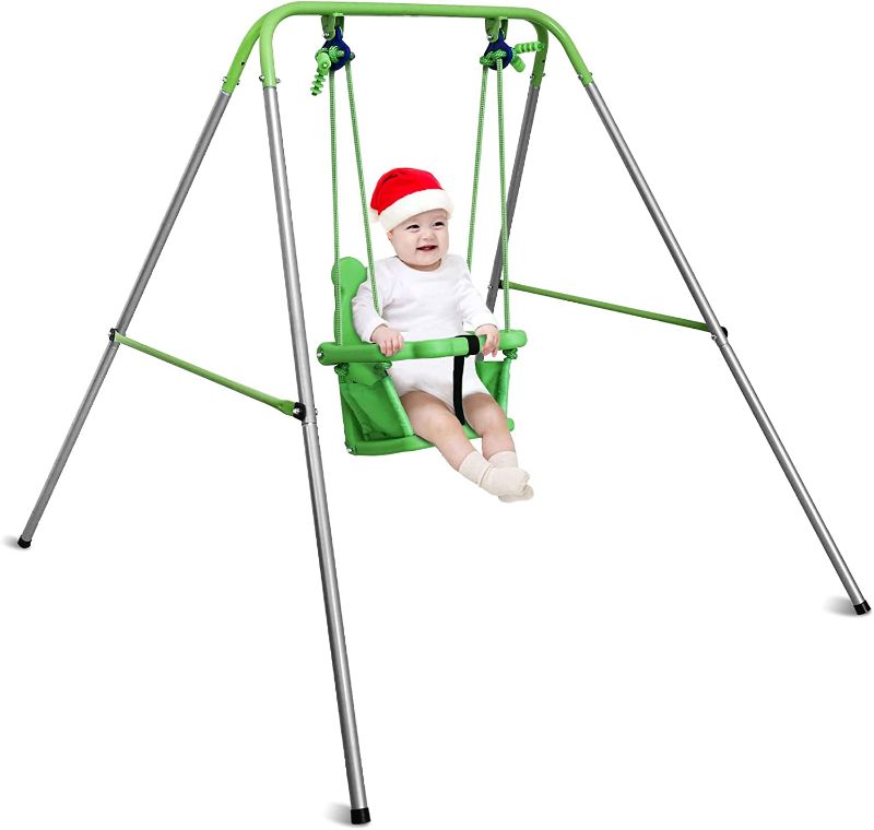 Photo 1 of 3-in-1 Toddler Swing Set and Baby Jumper, Baby Swing with Bouncers for Indoor Outdoor Play, Sturdy Safety Seat and Foldable Metal Swing Stand Easy to Assemble and Store at Home Garage (Green)
