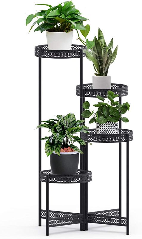 Photo 1 of  4-Potted Plant Stand Indoor: Tiered Metal Flower Display Rack Foldable Planter Holder for Living Room Entryway Balcony Patio Garden Home Decor (Black)