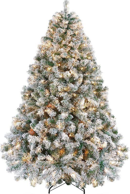 Photo 1 of  67t Pre-lit Artificial Christmas Tree with Incandescent Warm White Lights, Snow Flocked Full Prelighted Xmas Tree with 820 Branch Tips, 250 Incandescent Lights & Foldable Stand, White