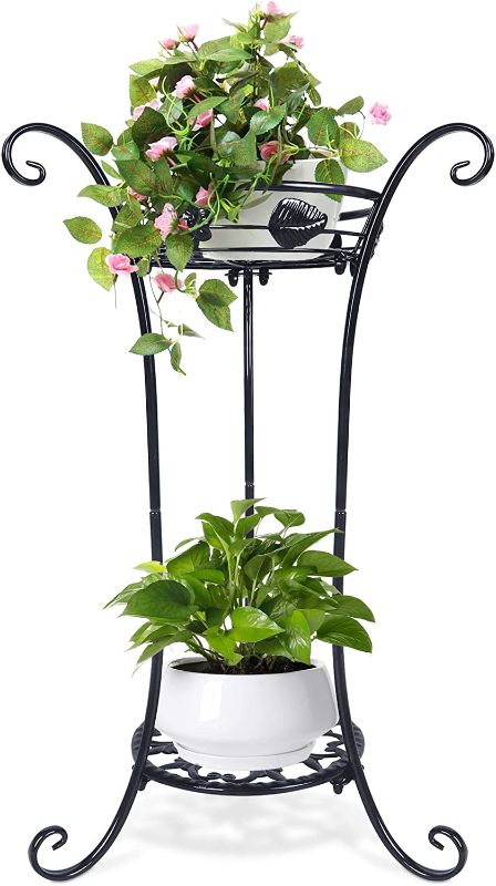 Photo 1 of  Plant Stand 2 Tier, Plant Stand Indoor Outdoor, 25.6'' Tall Modern Plant Shelf Metal Plant Stand Rack Black Flower Stand for Patio, Living Room & Garden (1 PCS)