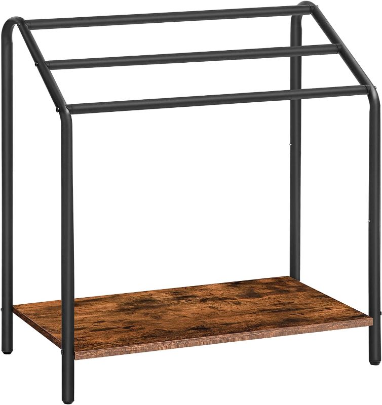 Photo 1 of  Freestanding Towel-Rack, 3 Tier Blanket Rack Stand for Living Room, Blanket Ladder Holder with Shelf, Quilt Rack, Industrial Drying and Display Rack, Bathroom, Rustic Brown and Black