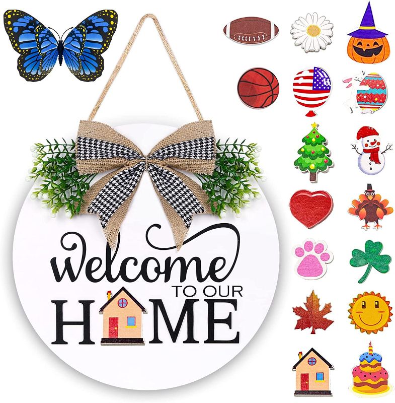 Photo 1 of Interchangeable Welcome Sign for Front Door - Solid Wooden Welcome Wreaths with 16 Seasonal Holiday Icons Front Door Decor for Farmhouse Hanging Outdoor, Easter Decorative Door Signs for Outside