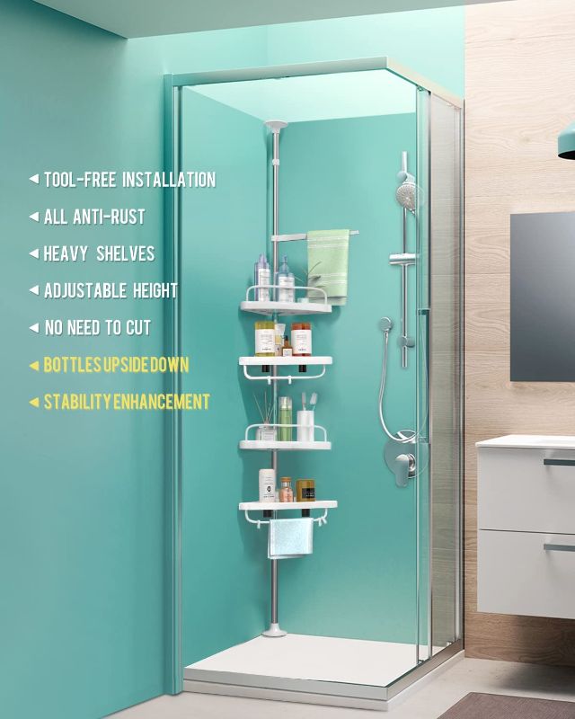 Photo 1 of ADOVEL 4 Layer Corner Shower Caddy, Adjustable Shower Shelf, Constant Tension Stainless Steel Pole Organizer, Rustproof 3.3 to 9.8ft