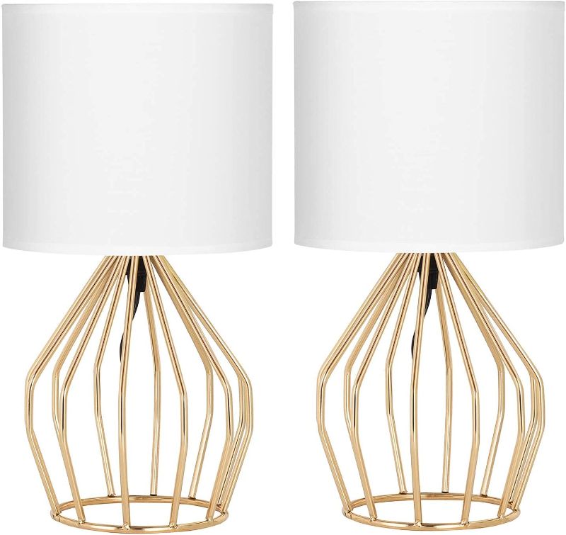 Photo 1 of - Gold Table Lamps Set of 2, Farmhouse Nightstand Lamps with Hollowed Out Base and White Fabric Shade, Small Bedside Lamps for Bedrooms, Girls Room, Gifts