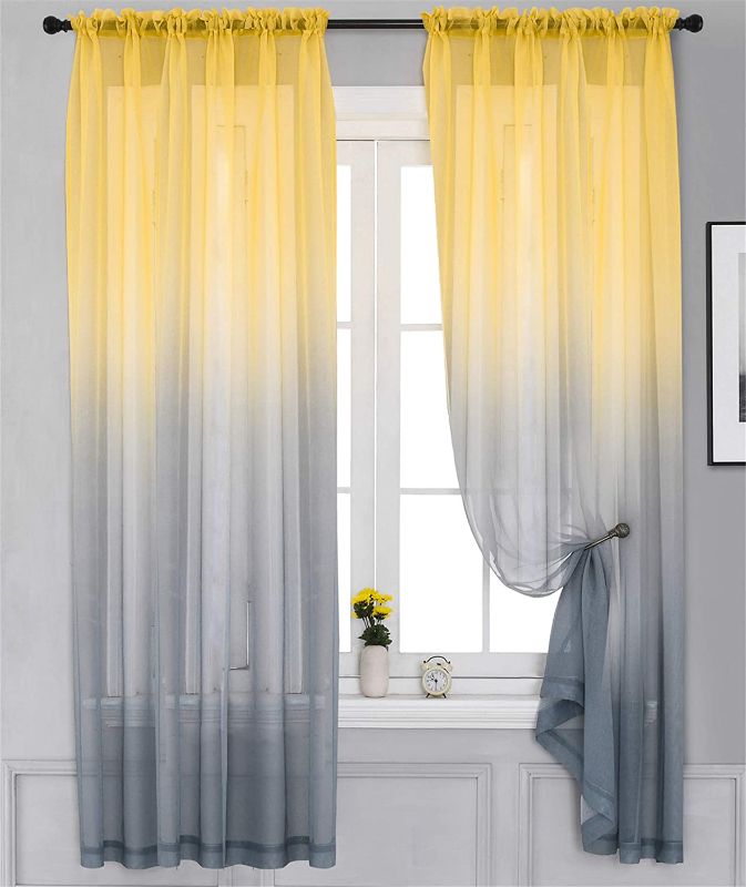 Photo 1 of Yancorp Bedroom Curtains 63 inch Length Sheer Curtain Linen Yellow Grey Ombre Rod Pocket Drapes for Girls Living Room Mermaid Bedroom Nursery Kids Window Decor, 1 Panel