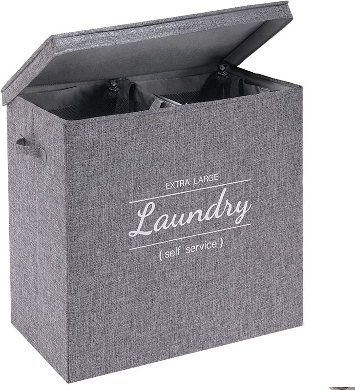 Photo 1 of  Double Laundry Hamper with Lid and Removable Laundry Bags, 2 Divided Clothes Hamper, 125L Divider Dirty Clothes Basket with Handles for Bedroom, Laundry Room, Bathroom, Grey