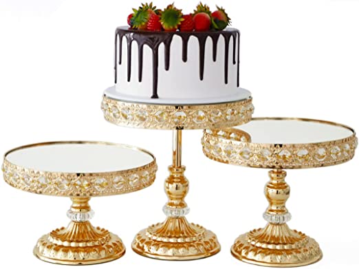 Photo 1 of 3 Pcs Wedding Metal Cake Stand Set with Crystal Beaded Mirror Top Cake Display Stand Cupcake Display Plate Crystal Dessert Cheese Stand Rose Gold Pedestal Cake Holder for Baby Shower Wedding Birthday Party