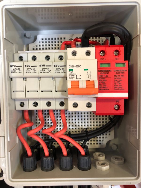 Photo 2 of 4 String Solar Combiner Box PV Combiner Box with Lightning Arreste, 63A Circuit Breakers and 15A Rated Current Fuse for On/Off Grid Solar Power System, IP65 Water Resistant
