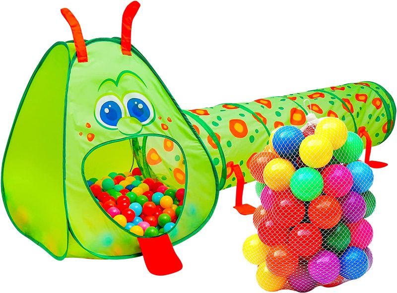 Photo 1 of Caterpillar Kids Play Tunnel, Pop up Play Tent Ball Pit with 50 Colorful Ball Pit Balls Included, 2 in 1 Ball Pit & Kids Tunnel for Boy Girls, Indoor Outdoor Fun, Easy to Fold, Great
