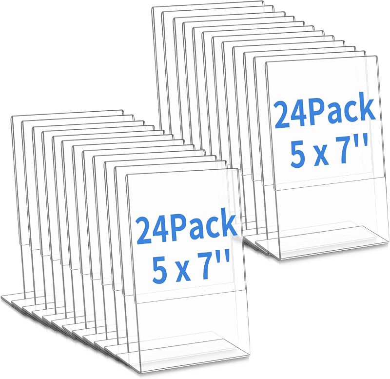 Photo 1 of 24 Pack Acrylic Sign Holder Slant Back Sign Holder Stand Plastic Paper Holder Clear Display Stand Table Top Sign Holders for Office Home Store Restaurant (5 x 7 Inch)
