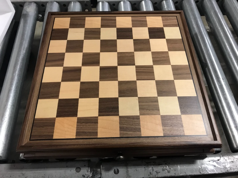 Photo 2 of A&A 15 inch Walnut Wooden Chess & Checkers Set w/ Storage Drawer /Weighted Chess Pieces - 3.0 inch King Height/ Walnut Box w/Walnut & Maple Inlay / 2 Extra Queen / Classic 2 in 1 Board Games Weighted Pieces w/ Walnut Box
