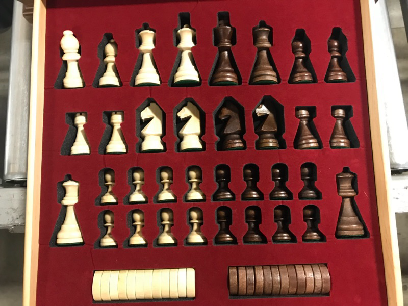 Photo 3 of A&A 15 inch Walnut Wooden Chess & Checkers Set w/ Storage Drawer /Weighted Chess Pieces - 3.0 inch King Height/ Walnut Box w/Walnut & Maple Inlay / 2 Extra Queen / Classic 2 in 1 Board Games Weighted Pieces w/ Walnut Box