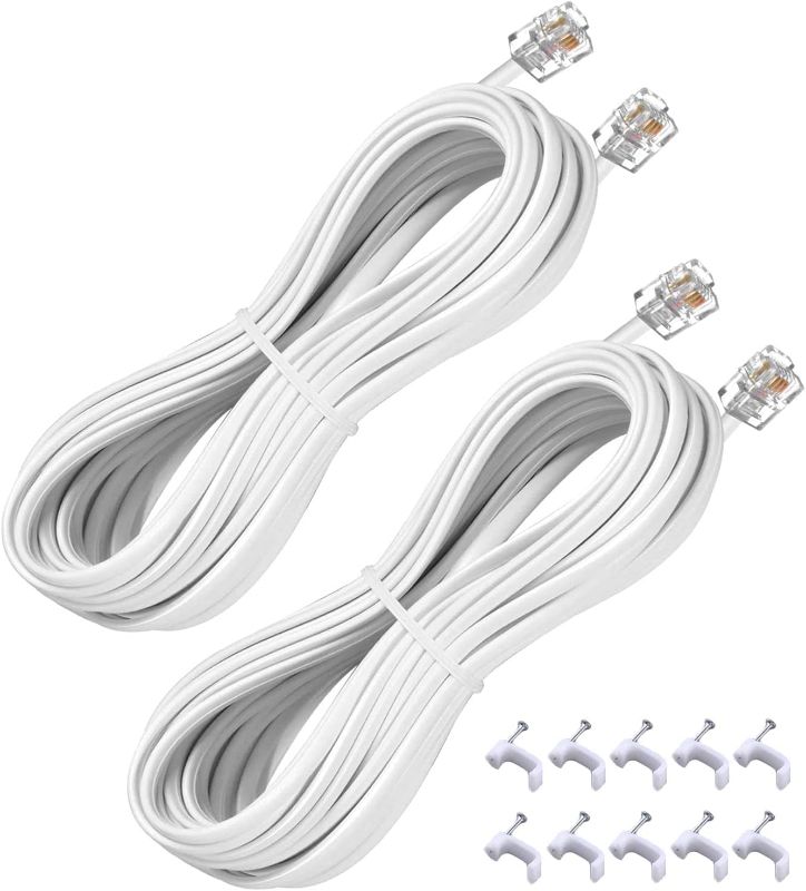 Photo 2 of 15FT Telephone Extension Cord Cable, Landline Phone Line Wire with RJ11 6P4C Plugs, Includes Cable Clips - White - 2 Pack
