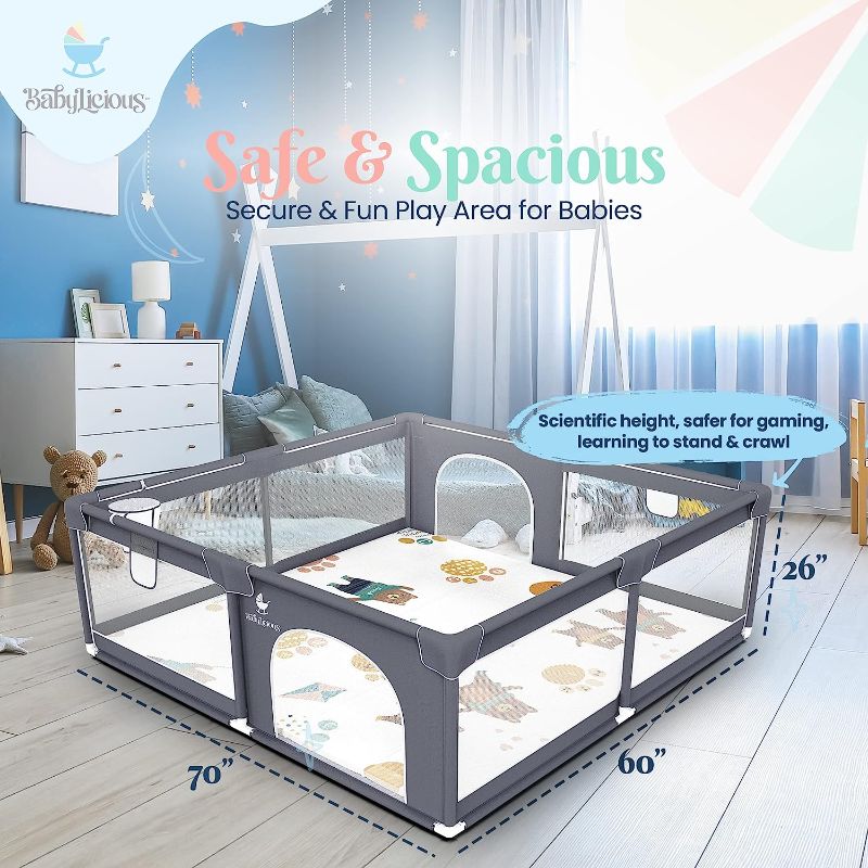 Photo 1 of Baby Playpen with Full Play Mat for Babies and Toddlers - Cozy Play Yard with Gate, Fence, Game Balls & Carry Bag - Indoor or Outdoor Play Pen - 72 x 60 Inch Play Area - Large Cuddlepen by Babylicious
