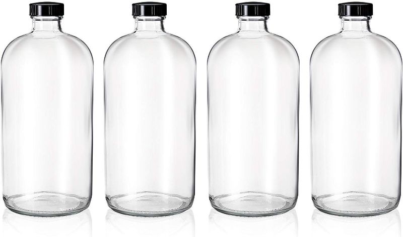 Photo 1 of 4 Pack - 32oz Kombucha Brewing Bottles - Boston Round Clear Glass Growlers with Phenolic Poly Cone Insert Caps - Tight Seal for Secondary Kombucha Fermentation
