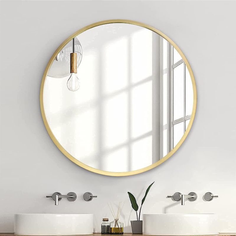 Photo 1 of ZENIDA Round Wall Mirror,24-inch Large Circle Mirror,Gold Metal Framed Wall-Mounted Bathroom Mirror,Decorative Round Mirror for Bathroom Decor,Vanity Bedroom,Living Room,Entryway
