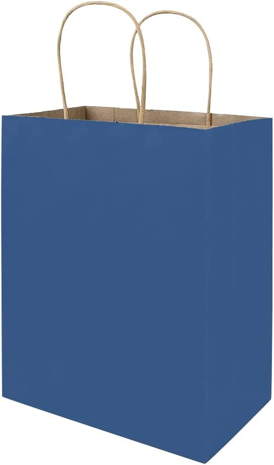 Photo 1 of bagmad 50 Pack 8x4.75x10 inch Medium Blue Kraft Paper Bags with Handles Bulk, Gift Bags, Craft Grocery Shopping Retail Party Favors Wedding Bags Sacks (Blue, 50pcs)