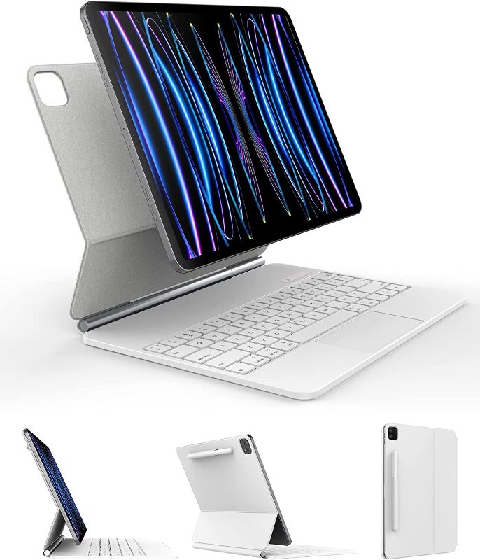 Photo 1 of DBFNIA Magnetic Touch Keyboard Case Compatible with iPad Pro 11 inch 4th/3rd/2nd Generation, [Easy Set][Smart Wake-up][Floating Cantilever Stand] Wirelss Tablet Keyboard Cover with Pen Holder, OFF WHITE 
