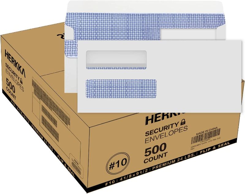 Photo 1 of HERKKA 500#10 Flip and Seal Double Window Security Envelopes - Perfect Size for Multiple Business Statements, Quickbooks Invoices, and Return Envelopes - Number 10 Size 4-1/8 x 9-1/2 - White - 24 LB
