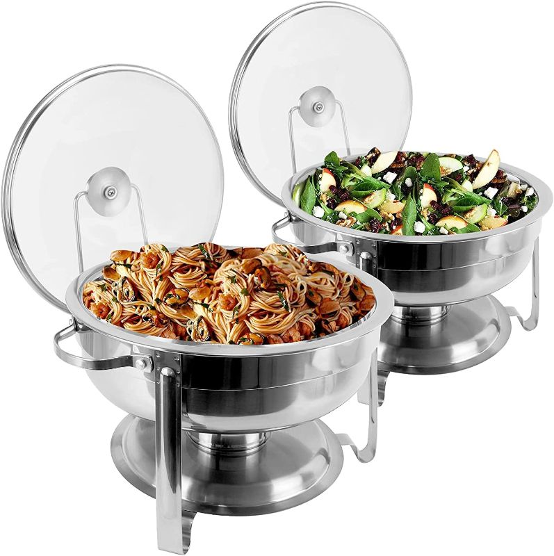 Photo 1 of  2 Packs 4 Quart Round Chafing Dish, Stainless Steel Chafing Dish Buffet Set, Food Warmers with Glass Lid & Holder for Weddings Parties Catering