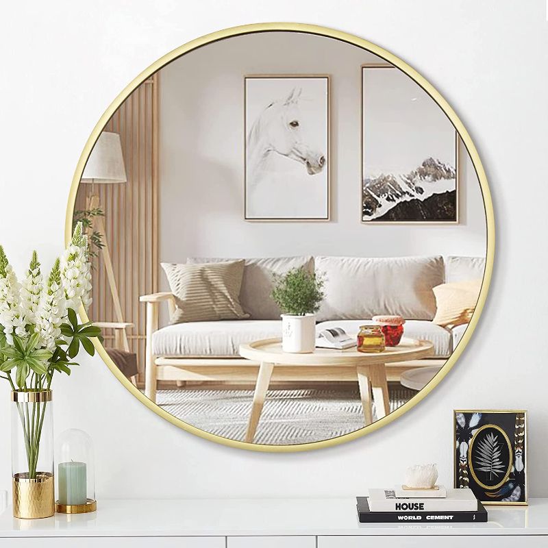 Photo 1 of  Round Wall Mirror Gold 14Inch -Circular Metal Framed Wall Mounted Mirror, Hanging Round Wall Mirror Modern Decorative for Entryway?Bathroom, Living Room, Bedroom