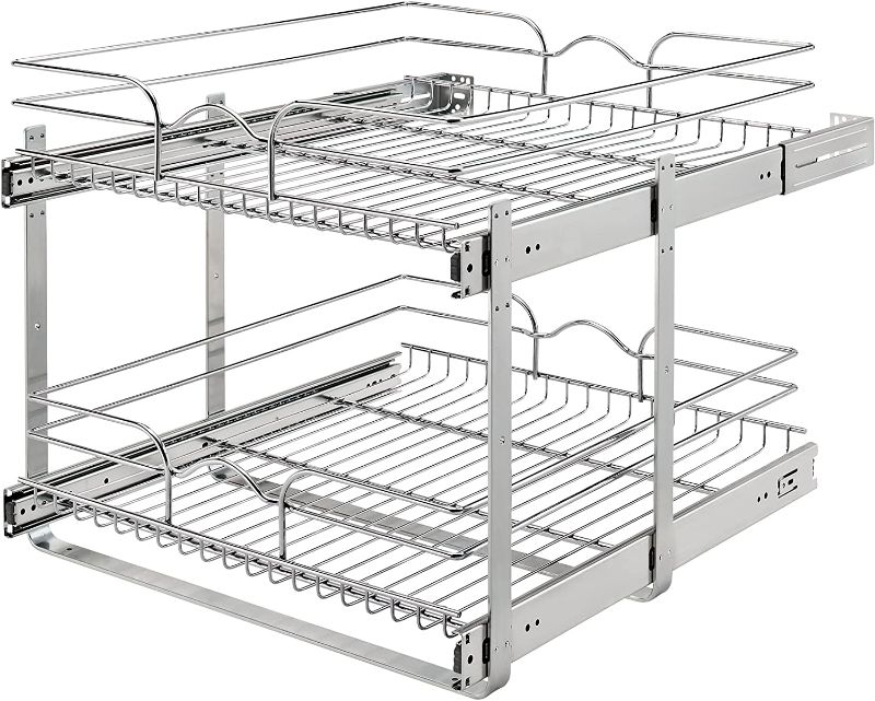 Photo 1 of  21 x 22 Inch 2-Tier Wire Pull Out Storage Shelf Drawer Basket w/100lb Capacity for Kitchen Base Cabinet Organization, Chrome

