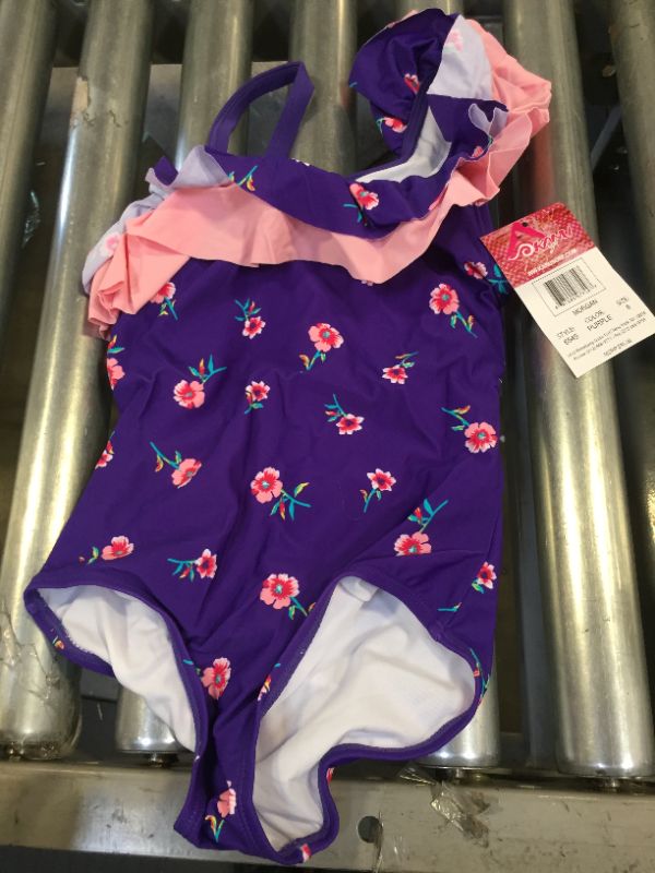 Photo 2 of Kanu Surf Girls' Morgan Floral Ruffle 1-Shoulder 1-Piece Swimsuit 8 Purple