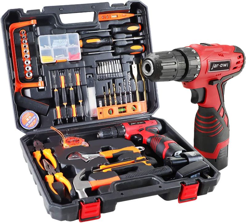 Photo 1 of 108 Piece Power Tool Combo Kits with 16.8V Cordless Drill, Household Tools Set with DIY Hand Tool Kits for Professional Garden Office Home Repair Maintain-Black/Red
