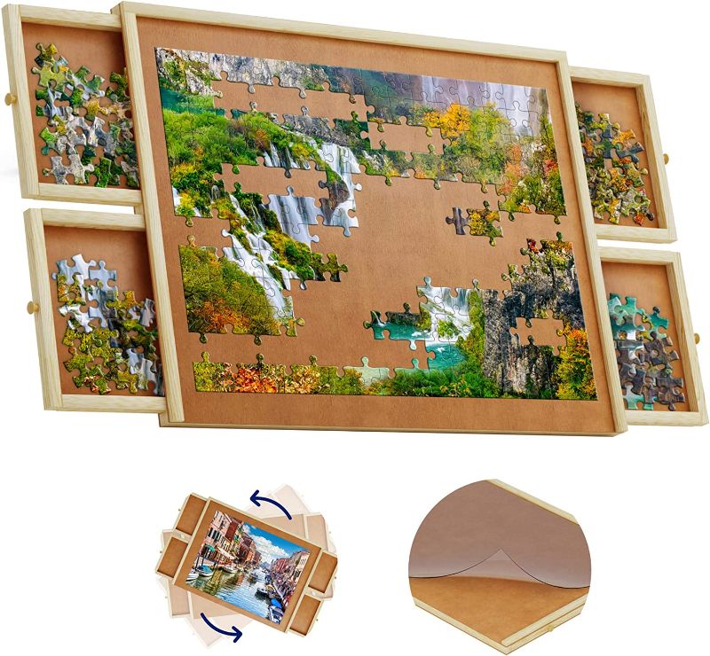 Photo 1 of 1500 Piece Wooden Jigsaw Puzzle Table - 4 Drawers, Rotating Puzzle Board | 35” X 28” Jigsaw Puzzle Board | Puzzle Cover Included - Portable Puzzle Tables for Adults and Kids by Beyond Innoventions
