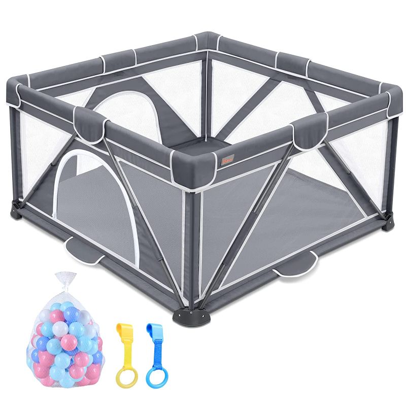 Photo 1 of Foldable Baby Playpen, Yobear Large Playpen for Babies and Toddlers with 50 PCS Ocean Balls & 2 Handles, Indoor & Outdoor Kids Safety Play Pen Area, Portable Travel Play Yard (50"×50")
