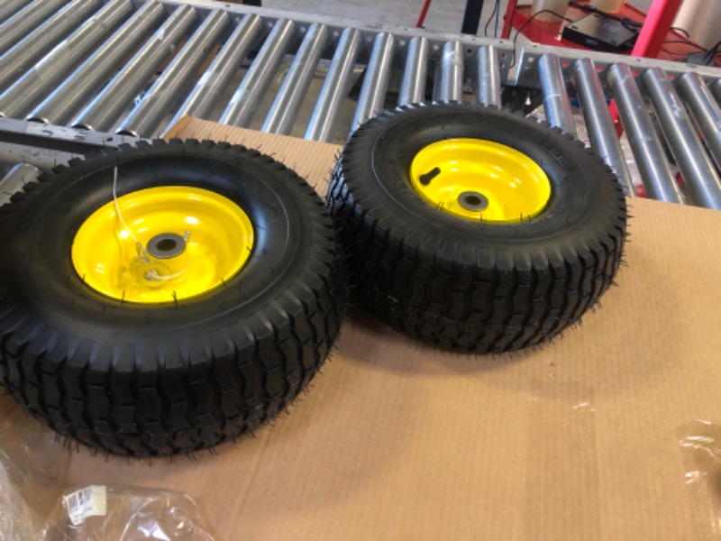 Photo 2 of (2 Pack) AR-PRO Exact Replacement 15" x 6.00-6" Front Tire and Wheel Assemblies for John Deere Riding Mowers - Compatible with John Deere 100 and D100 Series - 3” Centered Hub and 3/4” Bushings