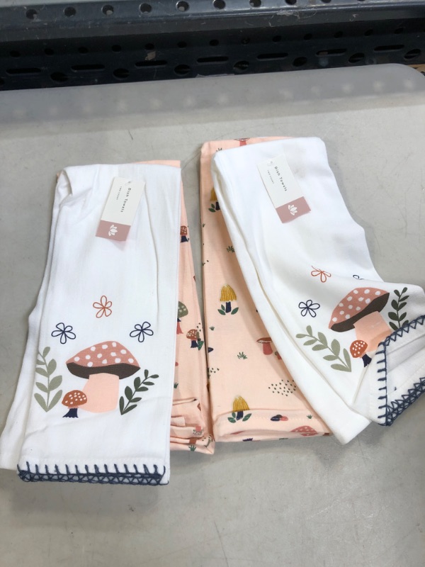 Photo 1 of 2 Pack  Cotton Mushroom Kitchen Towels with ADORABLE Mushrooms ~ White and Pink