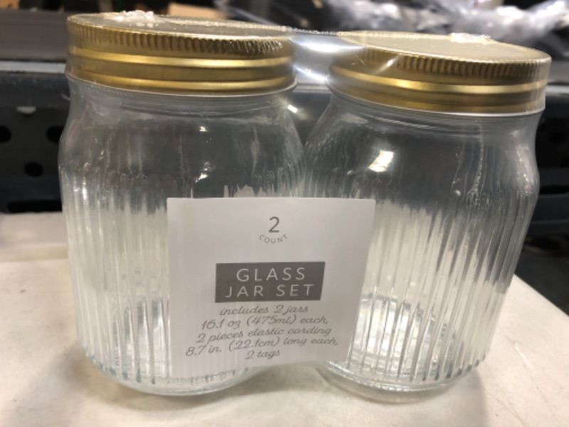 Photo 1 of 2 COUNT MINI GLASS JAR SET 16.1 Oz EA WITH LIDS 2Pc ELASTIC CORDING 8.7 IN 2 TAGS D68