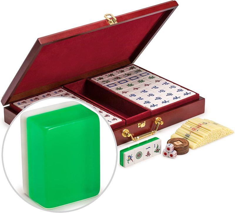 Photo 1 of Yellow Mountain Imports Classic Chinese Mahjong Game Set - Emerald - with 148 Translucent Green Tiles and Wooden Case