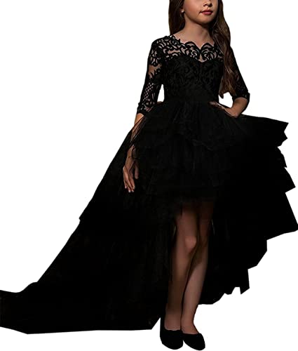 Photo 1 of Black Girls Pageant Dresses High Low Lace Princess Ball Gown Flower Girls Wedding Party Dress, SIZE M