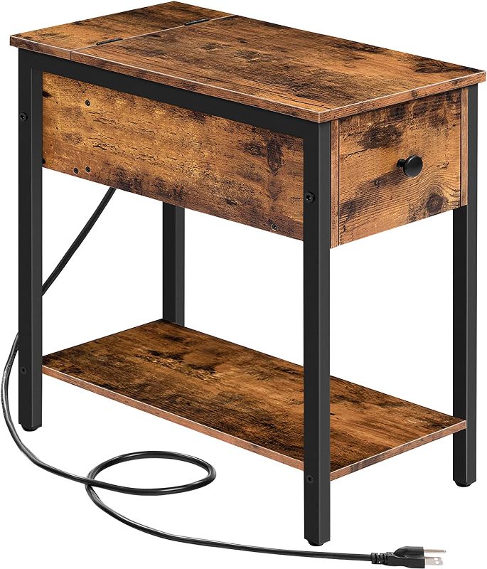Photo 1 of HOOBRO Side Table with Charging Station, Narrow Nightstand with Drawer & USB Ports & Power Outlets, End Table for Small Spaces, in Living Room, Bedroom, Wood Look Accent Table, Rustic Brown BF041BZ01
