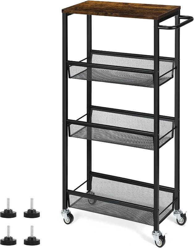 Photo 1 of 4 Tier Slim Storage Cart, Narrow Shelving Unit for Small Space, Slide Out Narrow Rolling Cart with Wooden Top, Metal Handle and Wire Mesh for Narrow Space on Kitchen, Bathroom, Laundry Room, Black.
