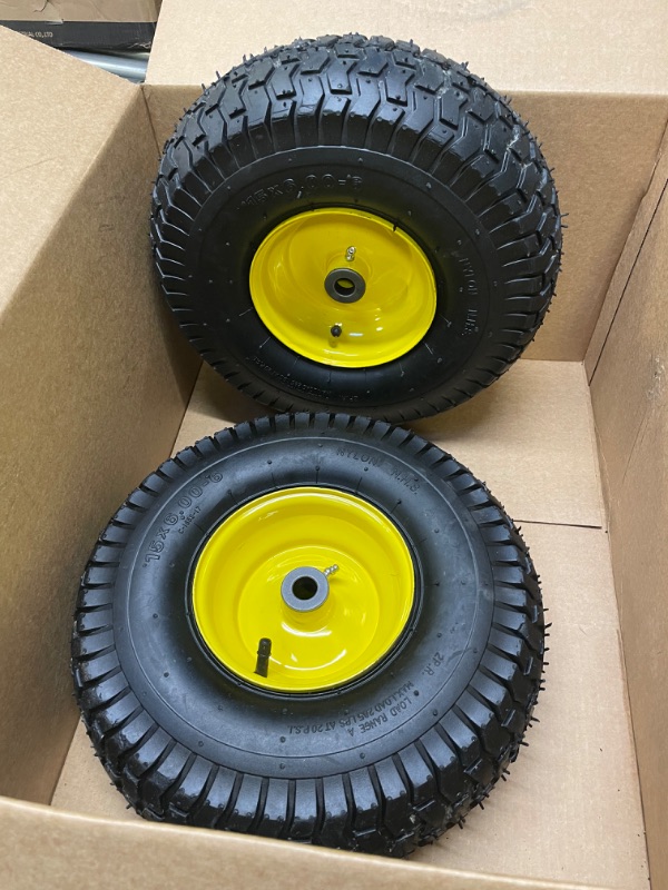 Photo 2 of (2 Pack) AR-PRO Exact Replacement 15" x 6.00 - 6" Front Tire and Wheel Assemblies for John Deere Riding Mowers - Compatible with John Deere 100 and D100 Series - 3” Hub Offset and 3/4” Bushings 15" x 6.00-6" Yellow