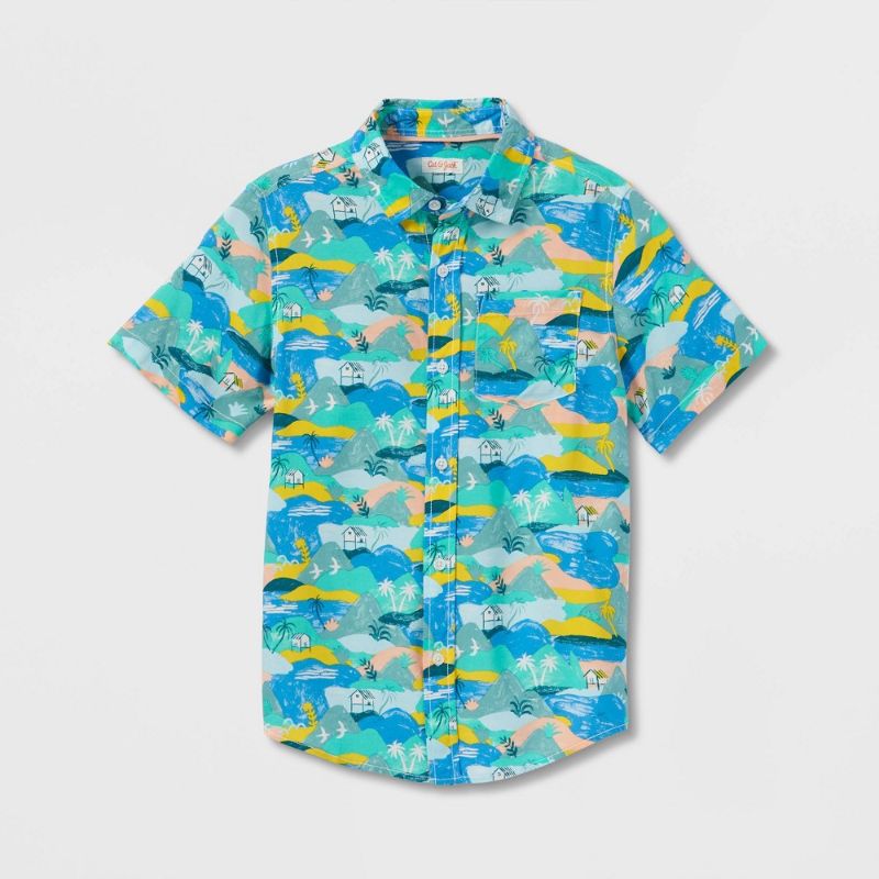 Photo 1 of Boys' Island Print Challis Short Sleeve Woven Shirt - Cat & Jack™ Blue SIZE XL 
