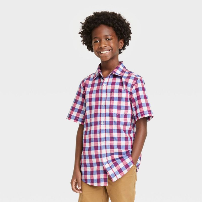 Photo 1 of Boys' Gingham Button-Down Short Seeve Shirt - Cat & Jack™ Red/White/Bue SIZE L 
