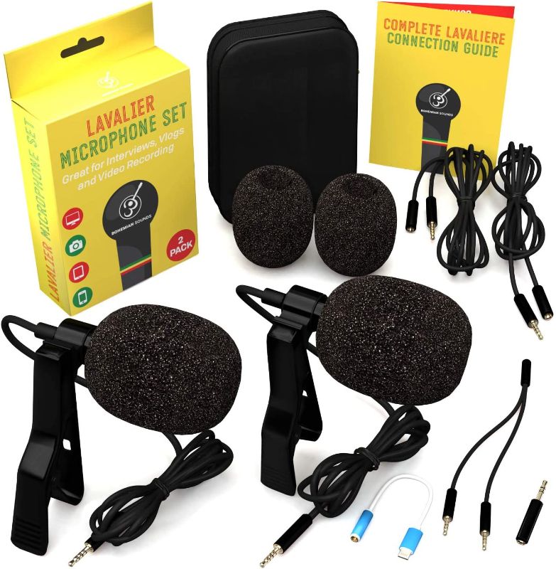 Photo 1 of Lavalier Microphone 2 Pack Bundle - Omnidirectional Lapel Mic with Clip-On Suitable for iPhone, Android, Samsung, GoPro, DSLR - Professional Lapel Mic for YouTube and Vlogging
