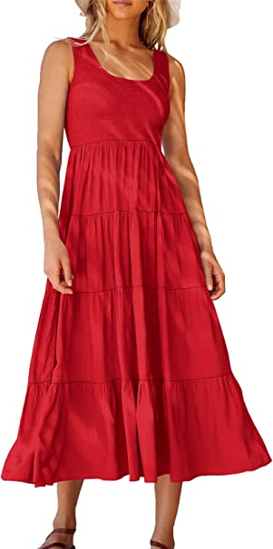 Photo 1 of ANRABESS Women's Summer Sleeveless Smocked Sundress Boho Ruffle Tiered Swing A Line Beach Midi Dress with Pockets SIZE LARGE 