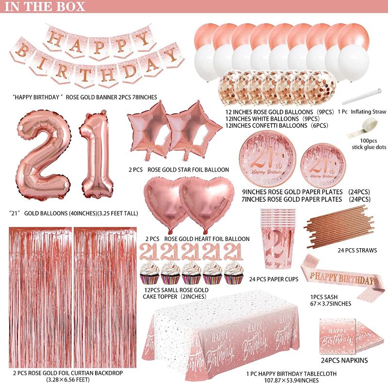 Photo 2 of 21st birthday decorations for her - (Total 166pcs) rose gold banner,Foil Backdrops ,Balloons,Plates and Napkins,Cups,cupcake Topper,Straws,tablecloth for 24 Guests

