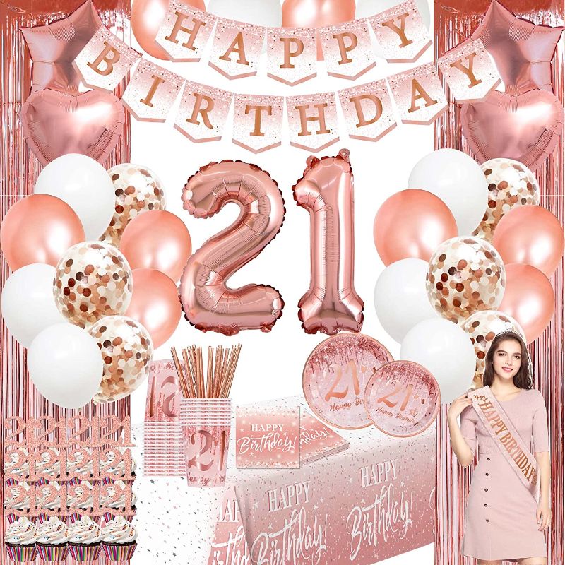 Photo 1 of 21st birthday decorations for her - (Total 166pcs) rose gold banner,Foil Backdrops ,Balloons,Plates and Napkins,Cups,cupcake Topper,Straws,tablecloth for 24 Guests
