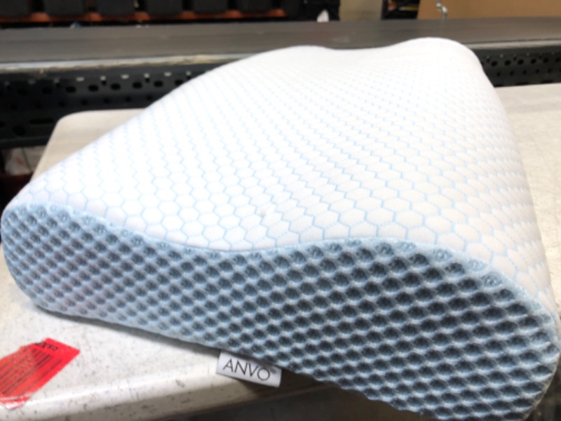 Photo 1 of Anvo Memory Foam Pillow, Neck Contour Cervical Orthopedic Pillow for Sleeping Side Back Stomach Sleeper, Ergonomic Bed Pillow for Neck Pain - Blue White, Firm HAS REMOVABLE WASHABLE COVER 