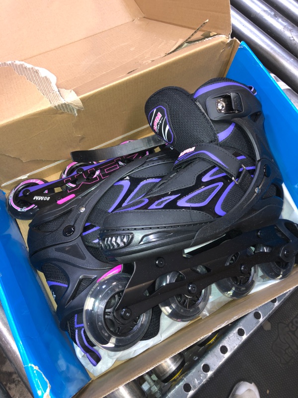 Photo 2 of 2PM SPORTS Vinal Girls Adjustable Flashing Inline Skates, All Wheels Light Up, Fun Illuminating Skates for Kids and Men
size XL
