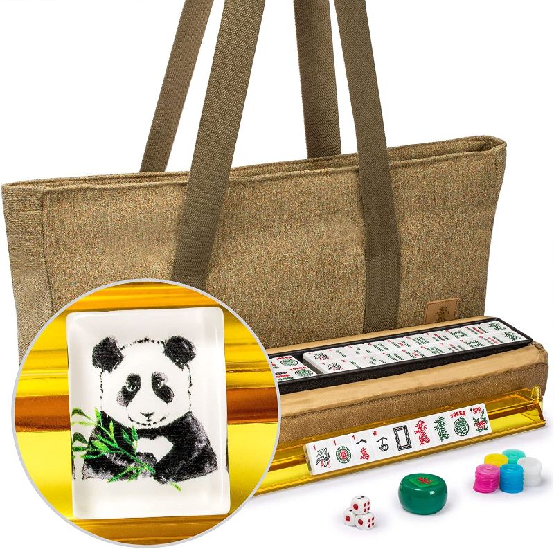 Photo 1 of  Yellow Mountain Imports American Mahjong Game Set, Panda - with Earthy Green Soft Case, All-in-One Racks with Pushers, Wright Patterson Scoring Coins, Dice and Wind Indicator
