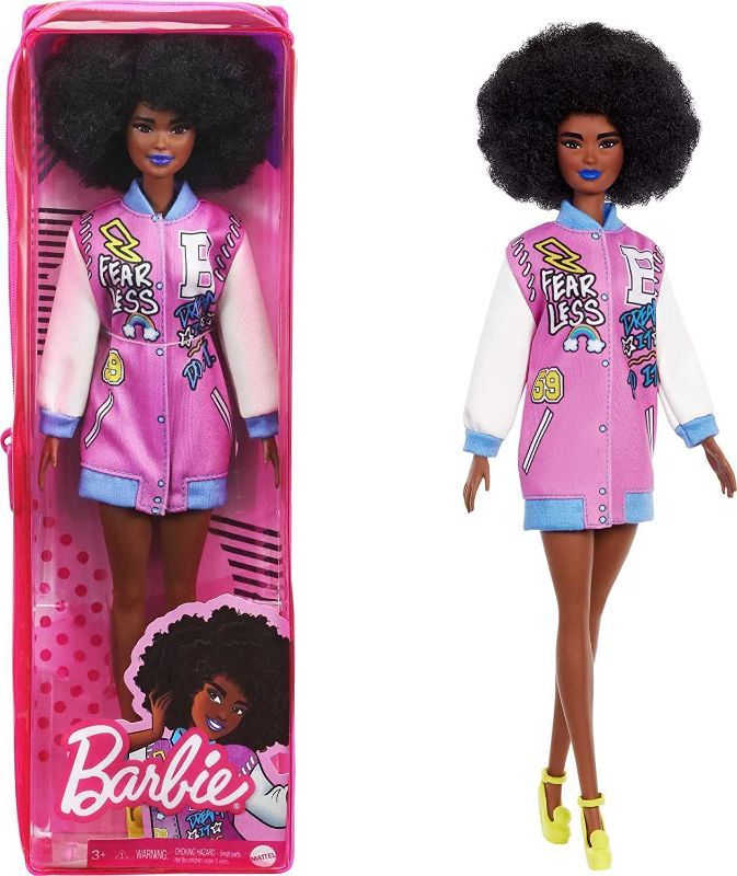 Photo 1 of Barbie Fashionistas Doll #156 with Brunette Afro & Blue Lips Wearing Graphic Coat Dress & Yellow Shoes, Toy for Kids 3 to 8 Years Old
